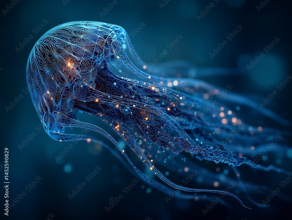 Abstract bioluminescent jellyfish glowing in the dark ocean, creating an ethereal and magical atmosphere. The deep blue color scheme adds to its enchanting allure. Ai generative