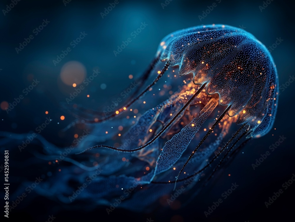 Abstract bioluminescent jellyfish glowing in the dark ocean, creating an ethereal and magical atmosphere. The deep blue color scheme adds to its enchanting allure. Ai generative