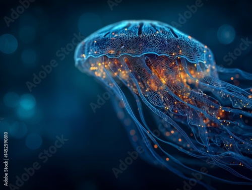 Obraz na płótnie Abstract bioluminescent jellyfish glowing in the dark ocean, creating an ethereal and magical atmosphere. The deep blue color scheme adds to its enchanting allure. Ai generative w salonie