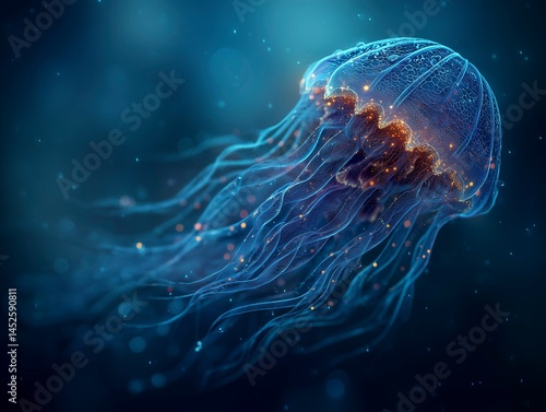 Obraz na płótnie Abstract bioluminescent jellyfish glowing in the dark ocean, creating an ethereal and magical atmosphere. The deep blue color scheme adds to its enchanting allure. Ai generative w salonie