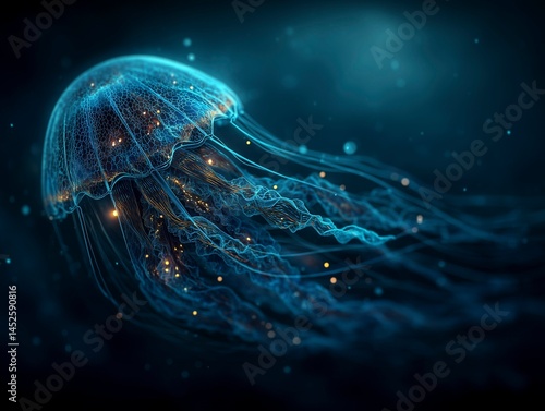 Obraz na płótnie Abstract bioluminescent jellyfish glowing in the dark ocean, creating an ethereal and magical atmosphere. The deep blue color scheme adds to its enchanting allure. Ai generative w salonie