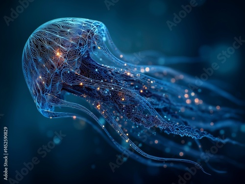 Obraz na płótnie Abstract bioluminescent jellyfish glowing in the dark ocean, creating an ethereal and magical atmosphere. The deep blue color scheme adds to its enchanting allure. Ai generative w salonie