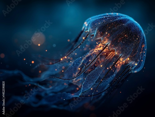 Obraz na płótnie Abstract bioluminescent jellyfish glowing in the dark ocean, creating an ethereal and magical atmosphere. The deep blue color scheme adds to its enchanting allure. Ai generative w salonie