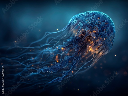 Abstract bioluminescent jellyfish glowing in the dark ocean, creating an ethereal and magical atmosphere. The deep blue color scheme adds to its enchanting allure. Ai generative