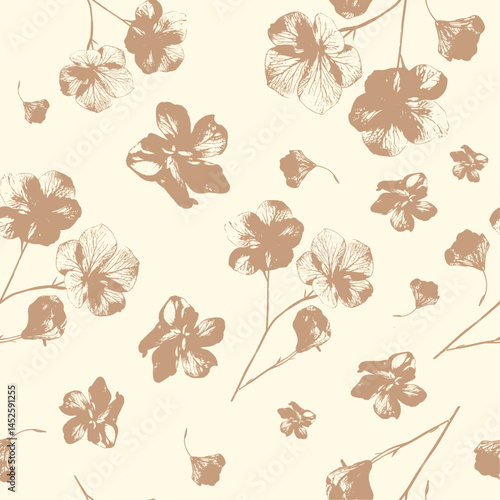 Vector seamless floral pattern featuring delicate orchid flowers in soft pastel tones. Elegant and romantic design perfect for fabric, wallpapers, wedding decor, and feminine branding.