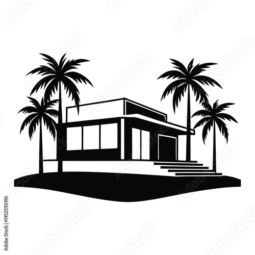 Modern villa silhouette with palm trees on white background