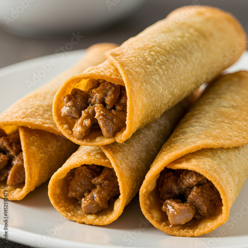 Close up of a stack of crispy taquitos filled with savory meat on a white plate ready to be served