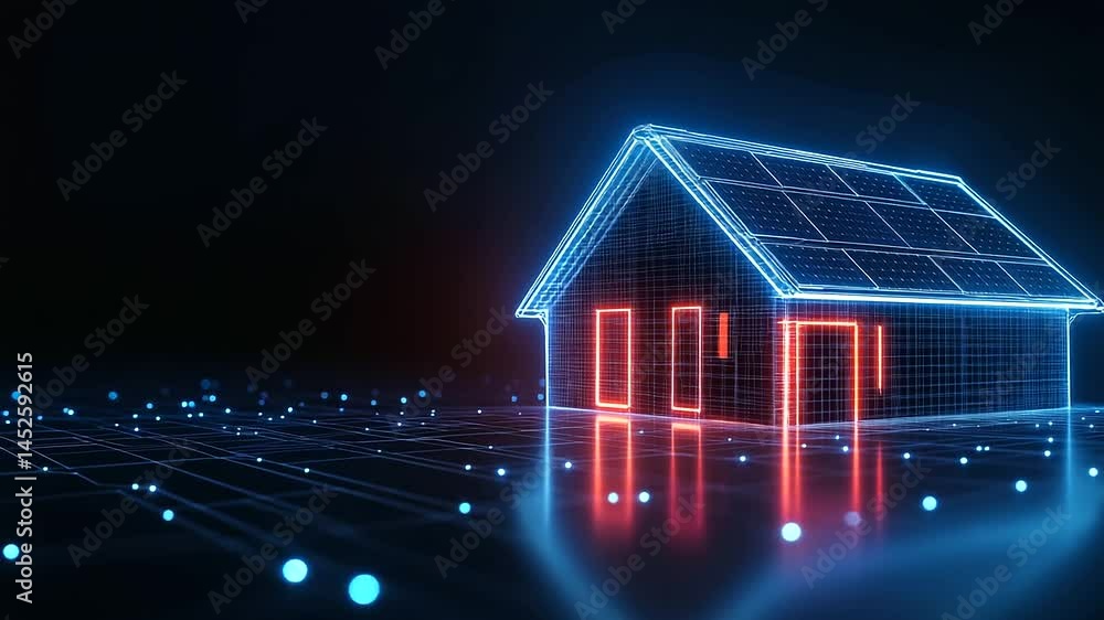 A neon wireframe model of a house with solar panels glowing on the roof, visualizing the integration of smart lighting and solar-powered energy systems. A neon wireframe model of a house with solar panels glowing on the roof, visualizing the integration of smart lighting and solar-powered energy systems.