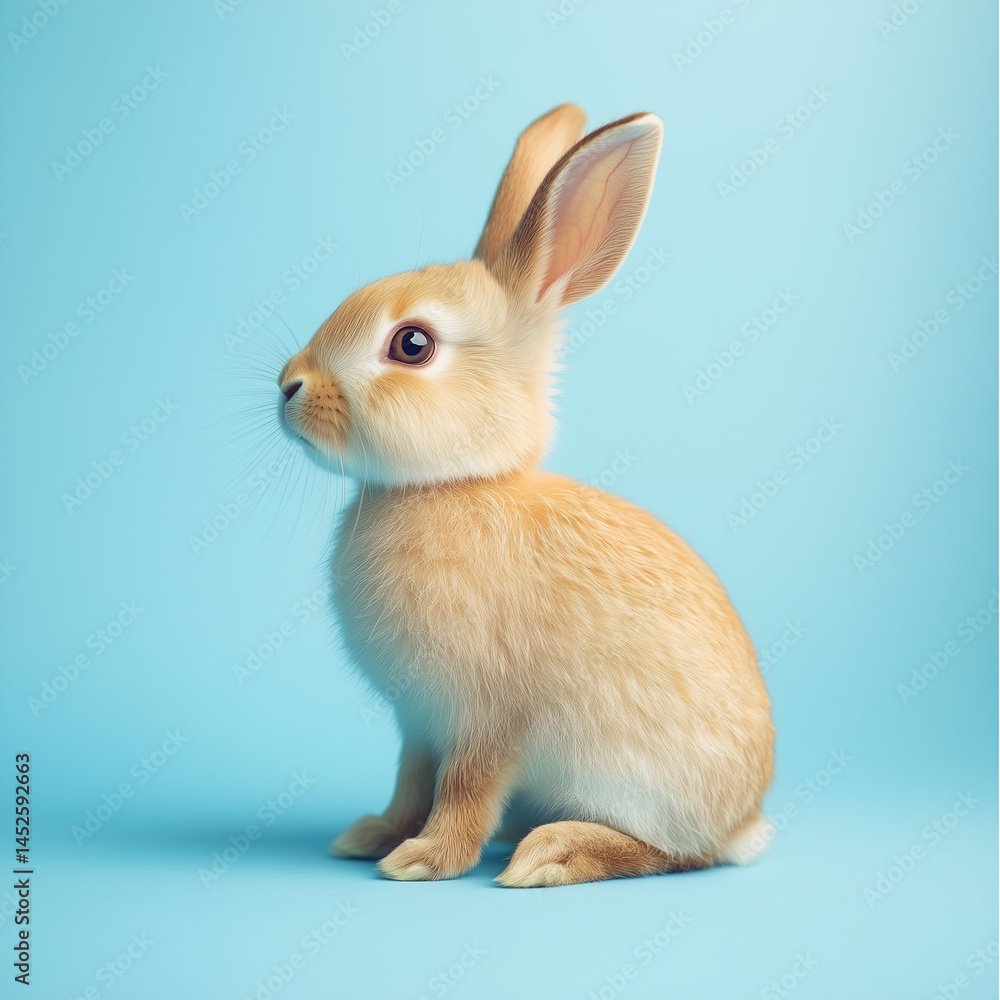 Cute bunny on light blue background. Easter, rabbit, eggs. Lateral view Cute bunny on light blue background. Easter, rabbit, eggs. Lateral view