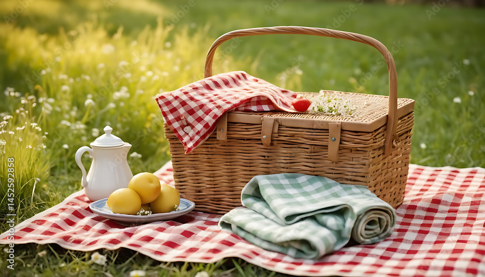 Charming Picnic Basket with Fresh Fruit and Flowers in a Sunny Meadow Charming Picnic Basket with Fresh Fruit and Flowers in a Sunny Meadow