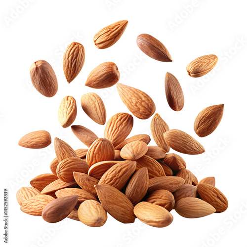 almond nuts falling in the air isolated on transparent background, png
