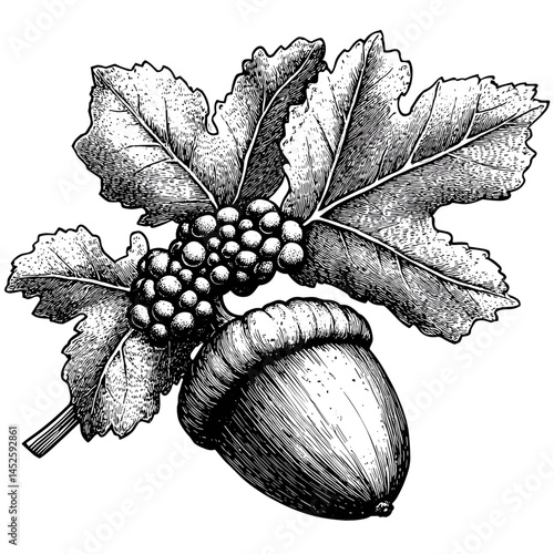Vintage black sketch of Oak Acorn, old engraving look, grunge style vector, rustic forest element, woodland nut illustration, block print art, retro nature ink drawing,