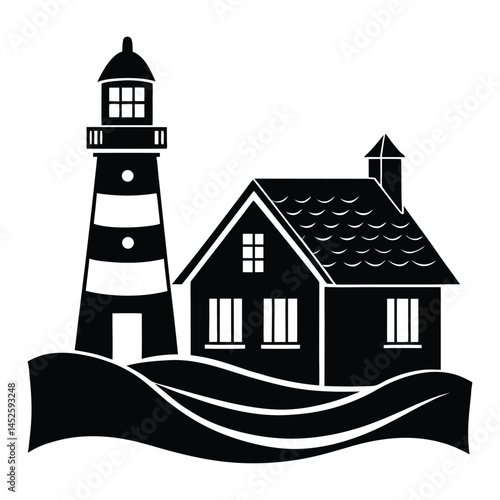 Lighthouse and home silhouette on white background