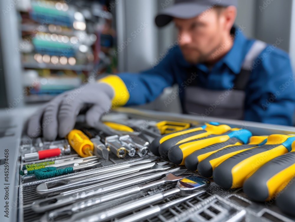 Fototapeta premium an HVAC technician working on a unit, detailed tools