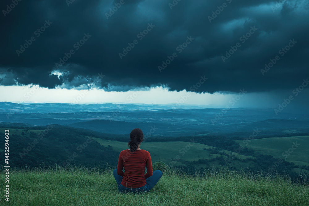 Person sits on hill, gazing at storm. Person sits on hill, gazing at storm.