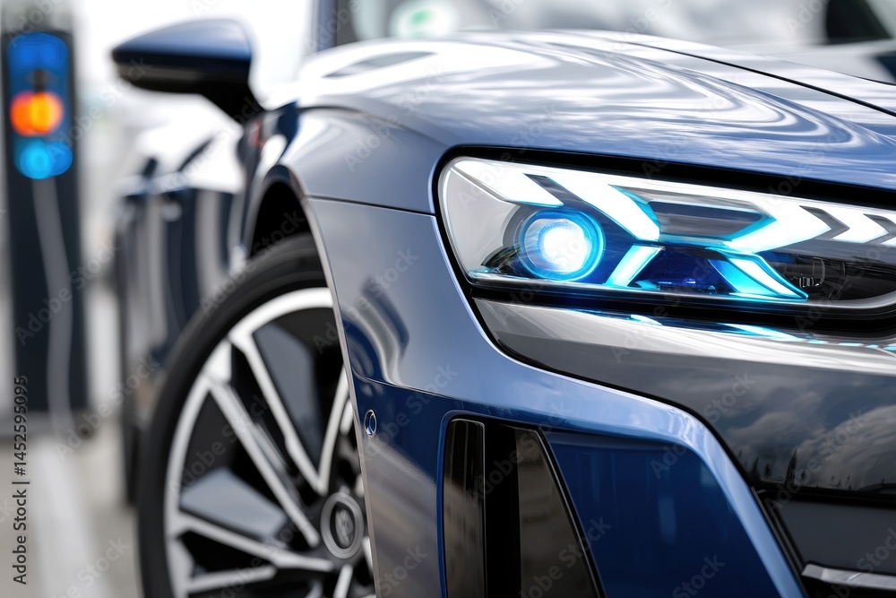 Close-up view of a modern electric vehicle's front end. Close-up view of a modern electric vehicle's front end.