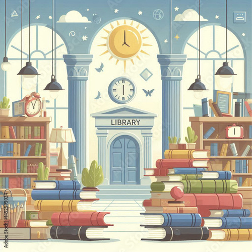 Cartoon illustration of a library with various books