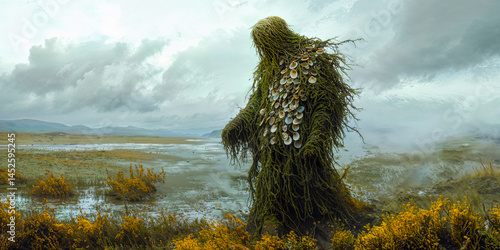 Spooky shellycoat of Scottish mythology, with coat of seaweed and shells, folklore creature, wide banner, copyspace
