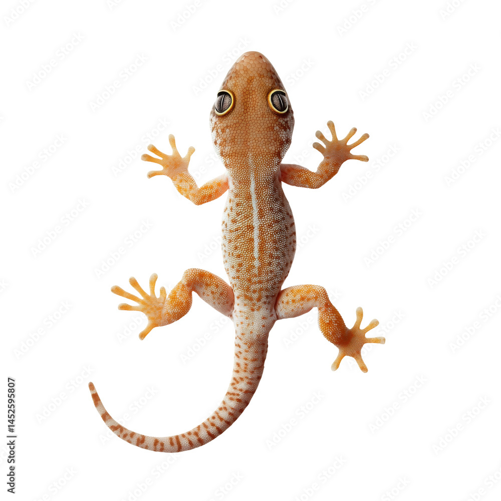 Naklejka premium A close-up of a small gecko with a white stripe down its back, looking at the camera. It has orange spots with brown and white stripes. The lizard's toes have small claws.