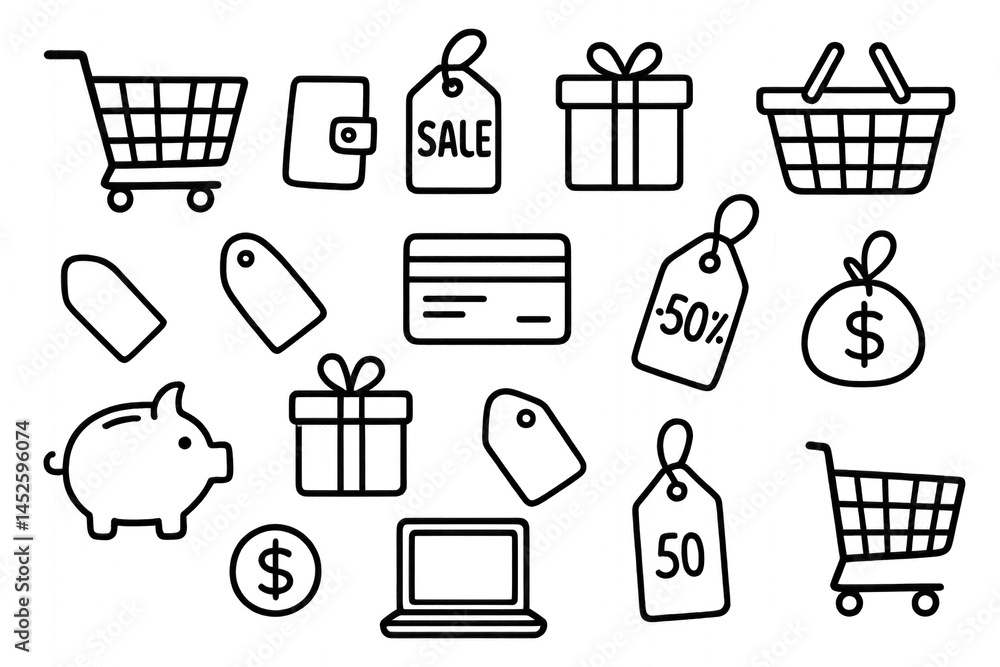 A collection of shopping icons including a bag, cart, and credit card in flat design style, isolated on transparent background. A collection of shopping icons including a bag, cart, and credit card in flat design style, isolated on transparent background.