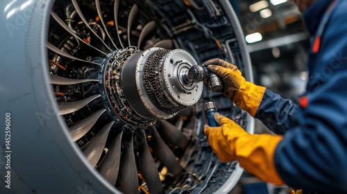 Airplane Inspection Worker Concept, Worker Applying Lubricant to Moving Parts Inside an Engine During Maintenance for Optimal Performance and Safety