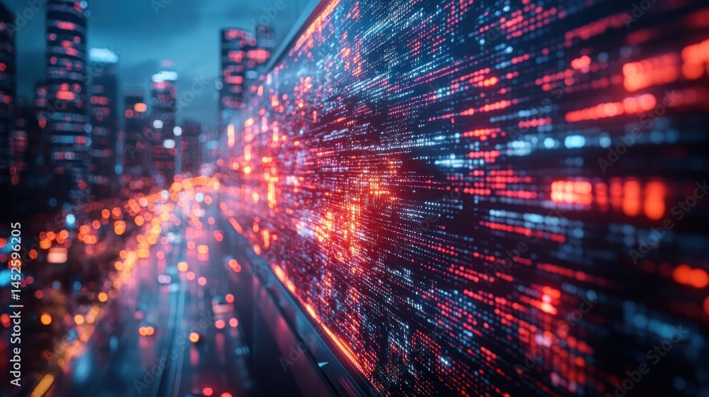 City data stream flowing above traffic at night City data stream flowing above traffic at night