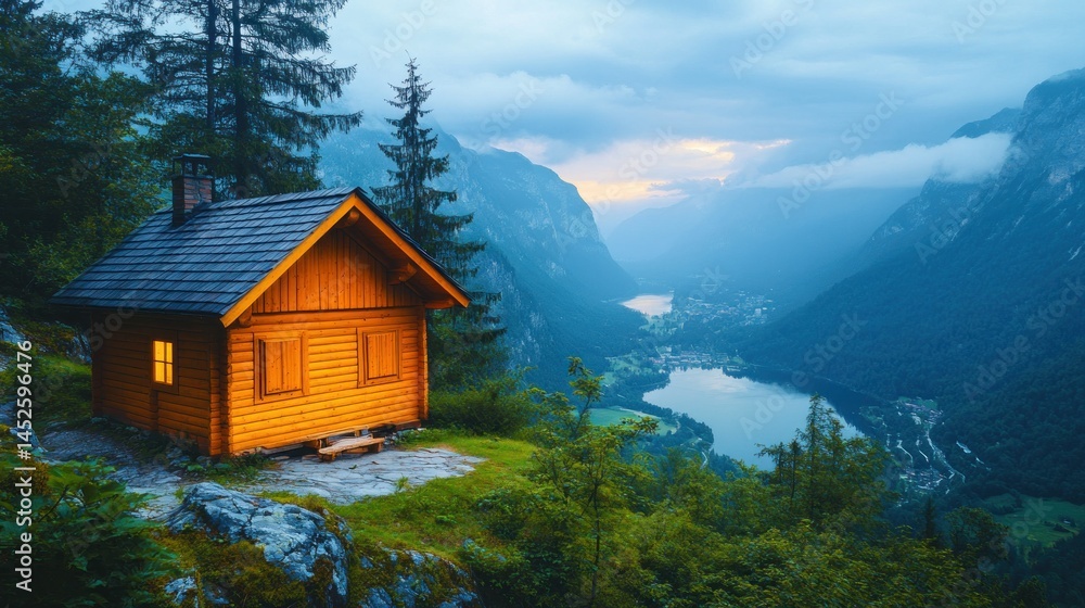 Fototapeta premium Alpine cabin perched on hillside overlooking lake at sunset