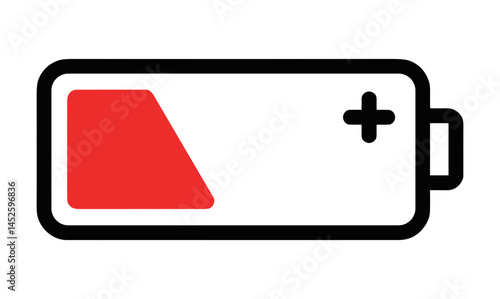 Battery icon with low charge indicator in flat design  