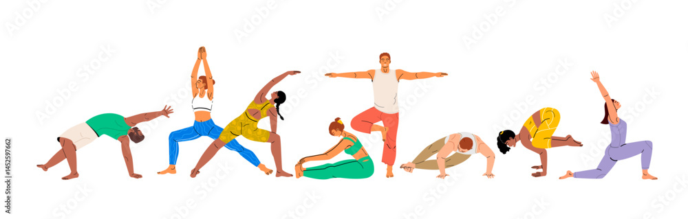 Fototapeta premium Set with people doing yoga asana wearing workout clothes. Exercises for strength, balance, and mindfulness.The concept of yoga,meditation,sports,healthy lifestyle Illustration for apps banners leafout