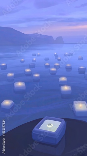 Calm sea with floating candles at dusk, mountains in background, serene and tranquil atmosphere