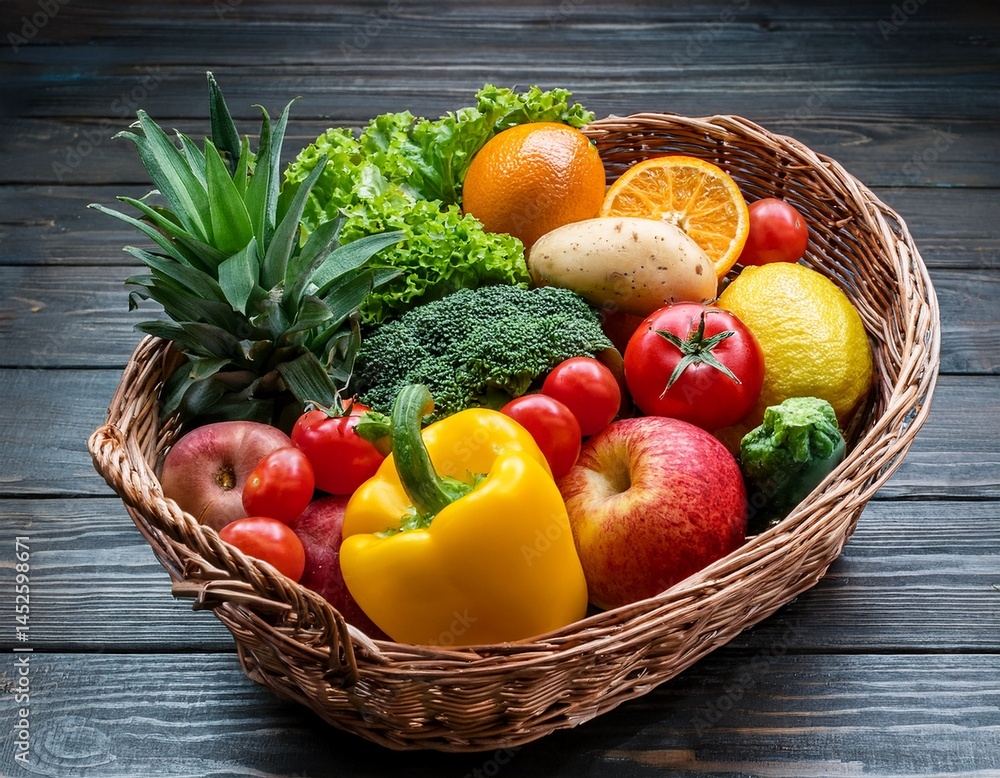 fresh produce basket filled with colorful fruits and vegetables against a natural wood background produce fruits fresh produce basket filled with colorful fruits and vegetables against a natural wood background produce fruits
