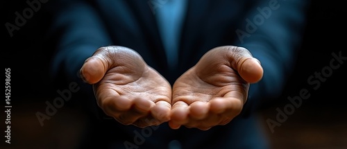 Wallpaper Mural Person in dark suit, cupped hands outstretched, palms up in giving gesture on dark background Torontodigital.ca