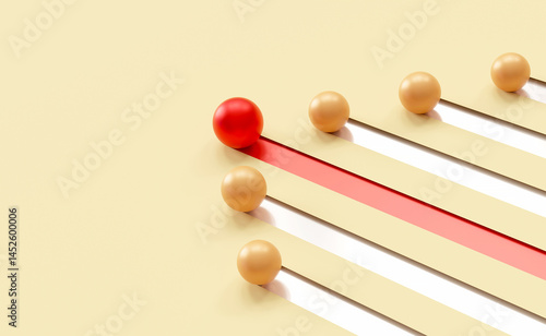 Concept of leadership and differentiation, steps to excellence, and teamwork. red ball front gold ball one way on yellow background. with copy space and business design. 3D illustration