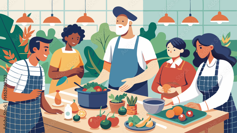 A group of people are cooking together in a kitchen. The man is wearing an apron and the woman is wearing an apron. There are several bowls and spoons on the table. Scene is cheerful and friendly A group of people are cooking together in a kitchen. The man is wearing an apron and the woman is wearing an apron. There are several bowls and spoons on the table. Scene is cheerful and friendly