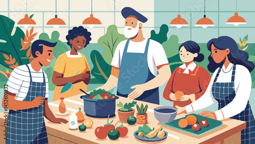 A group of people are cooking together in a kitchen. The man is wearing an apron and the woman is wearing an apron. There are several bowls and spoons on the table. Scene is cheerful and friendly