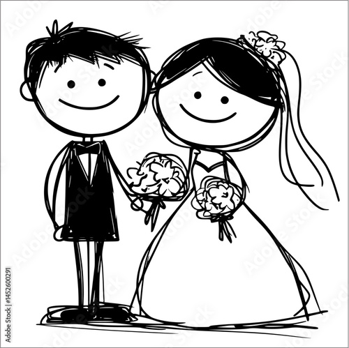 Cartoon Wedding Couple: A Celebration of Love in Black and White