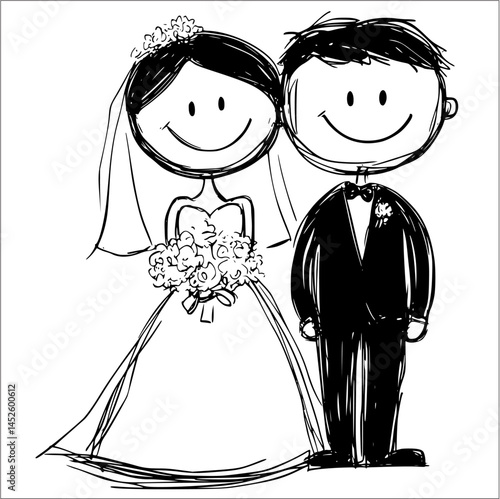 Cartoon Wedding Couple: A Celebration of Love in Black and White