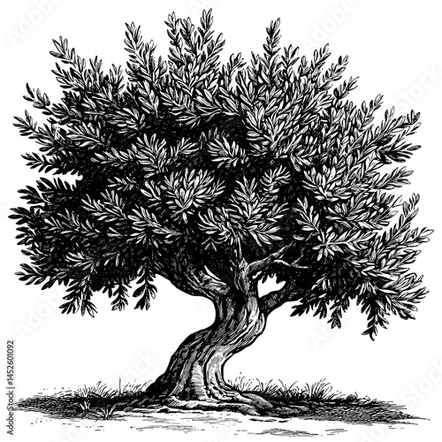 Olive tree sketch, woodcut vintage style, hand drawn black vector, antique plant illustration, rustic botanical, engraved tree design, heritage artwork, traditional tree line art