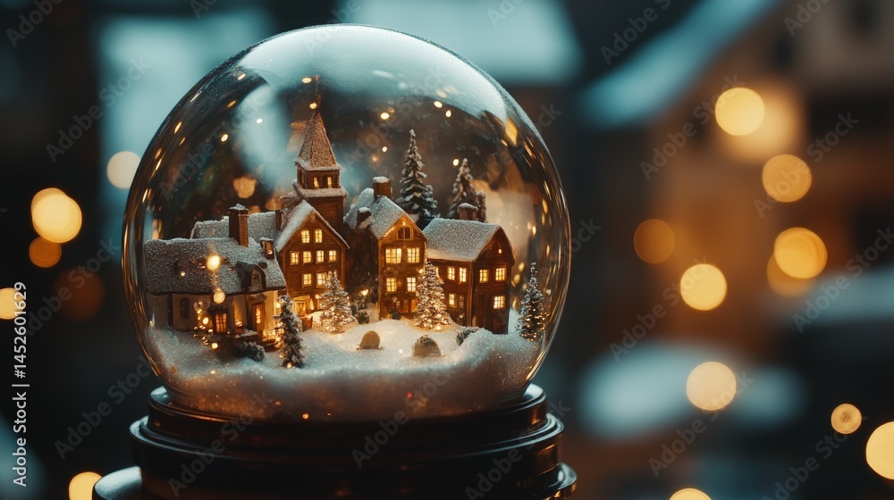 Festive christmas snow globe with illuminated village scene and falling snowflakes Festive christmas snow globe with illuminated village scene and falling snowflakes