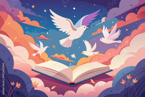 Open Book with Birds Flying in a Dreamlike Sky