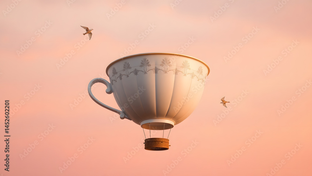 Giant Teacup Hot Air Balloon Soaring Through Sunset Sky