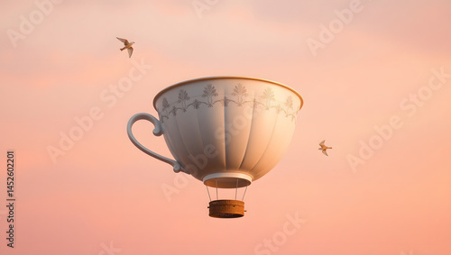 Obraz na płótnie Giant Teacup Hot Air Balloon Soaring Through Sunset Sky w salonie