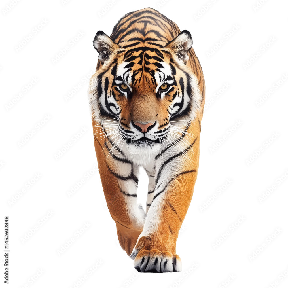 Naklejka premium A striking portrait of a tiger, confidently walking towards the viewer, showcasing its fierce beauty and powerful presence