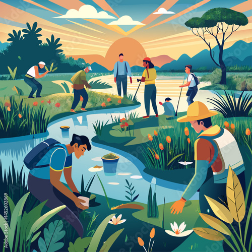 A group of people are working together to clean up a river. The scene is set in a lush green forest with a river running through it. The people are wearing backpacks