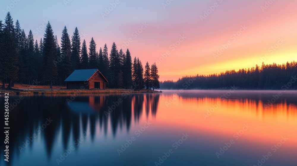 Fototapeta premium Serene Lake Reflection at Sunrise with Cabin and Pine Trees