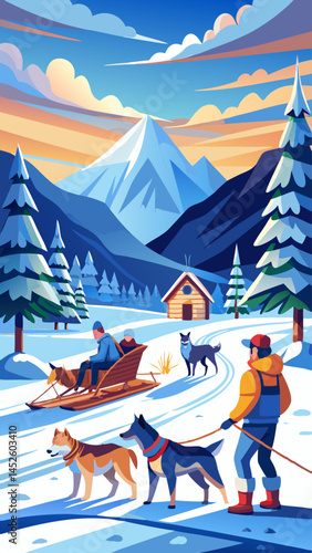 A man is walking a group of dogs in the snow. The dogs are pulling a sled. The scene is set in a snowy mountain area