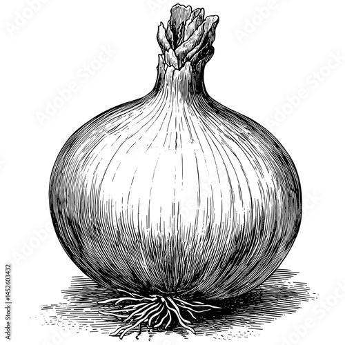 Vintage onion, woodcut sketch, old engraving style, rustic farm vegetable, antique food illustration, hand-drawn onion vector, classic agriculture design, heirloom kitchen decor,