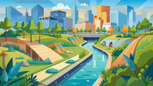 A city park with a river running through it. The park is full of trees and grass, and there are benches and a fountain. The city skyline is visible in the background