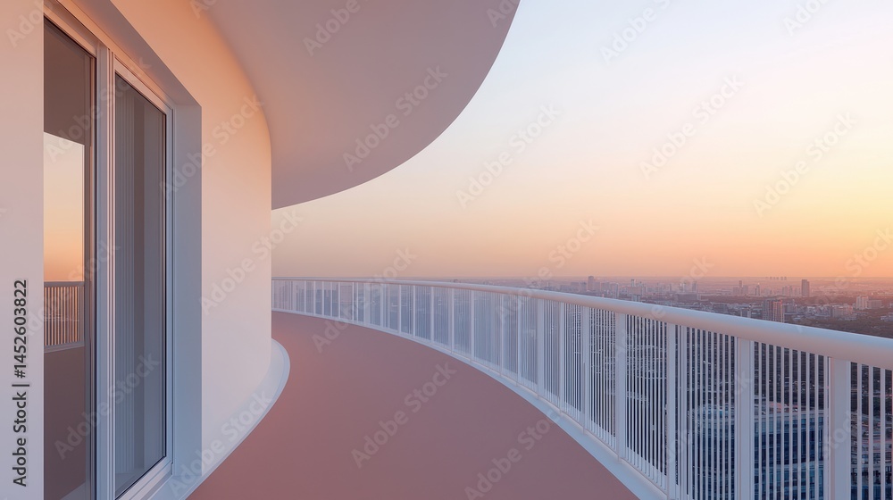 Fototapeta premium Modern Balcony Overlooking City Skyline at Sunset with Warm Colors