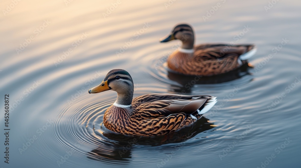 Graceful Ducks Swimming in Calm Water at Sunrise or Sunset Graceful Ducks Swimming in Calm Water at Sunrise or Sunset